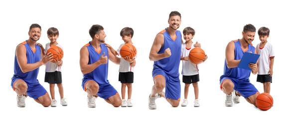 Set of little boy and his basketball trainer on white background