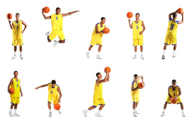 Set of young African-American basketball player on white background