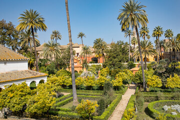 Beautiful formal public garden inside Alcazar Seville palace in summertime in Andalusia