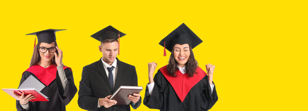 Graduating students on yellow background with space for text