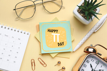 Composition with stationery, calendar, clock and glasses on beige background. Happy Pi Day