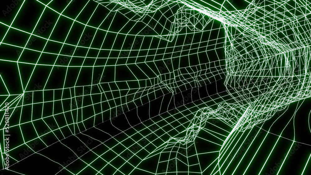 Poster moving tunnel with matrix grid. design. movement in mesh tunnel with matrix distortions. matrix-styl