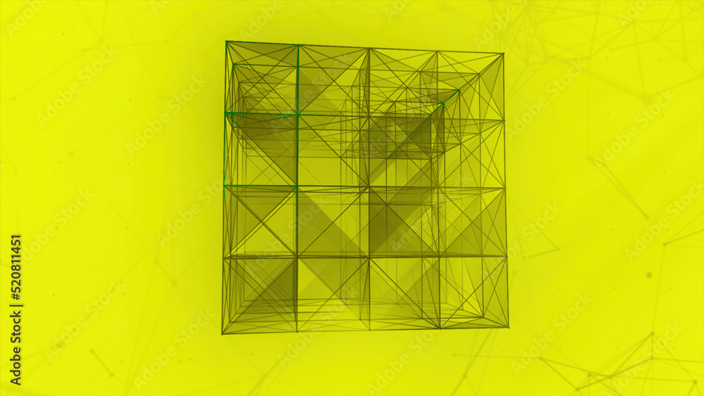 Poster cube of geometric connections of lines. motion. glowing cube of flashing triangles and linear connec