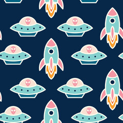 Rocket sticker pattern in turquoise and dark blue background. Vector illustration with white border featuring spaceships and ufo aliens in a geometric surface design