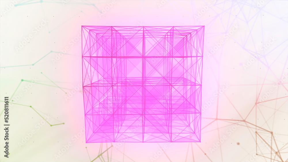 Poster cube of geometric connections of lines. motion. glowing cube of flashing triangles and linear connec