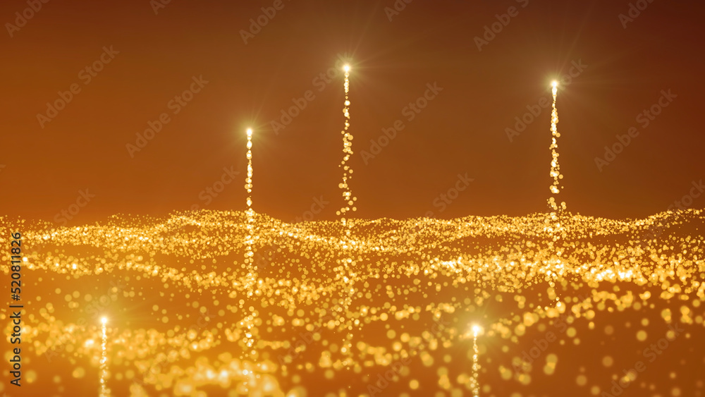 Poster bright rotating stream with luminous particles. motion. wavy stream of luminous particles with stars
