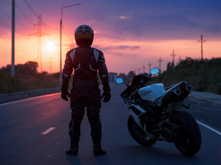 A motorcyclist is standing on the road next to a sport bike, the road into the sunset. Motorcycle trip