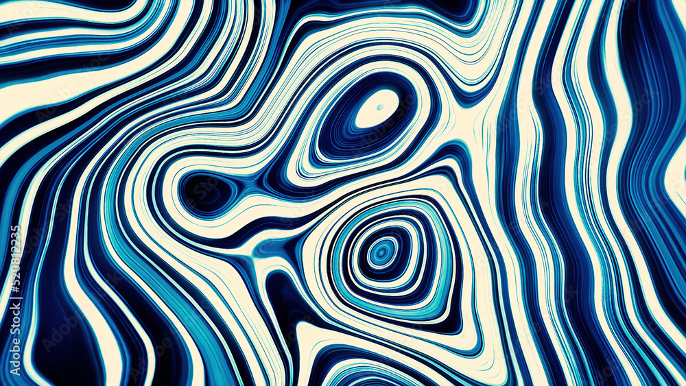 Poster Liquid psychedelic pattern of curved lines. Motion. Moving liquid pattern with curved lines. Spots and curved lines move in psychedelic pattern