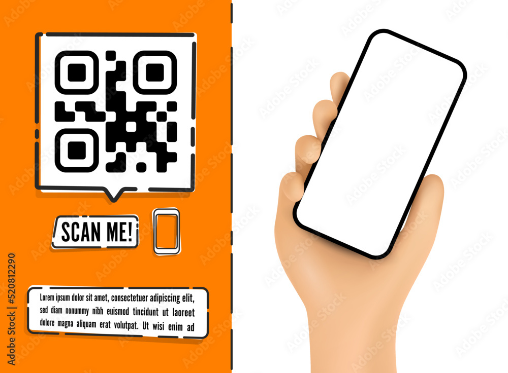 Poster vector cartoon hand holding the black smartphone with a qr code and scan me text - modern frameless 