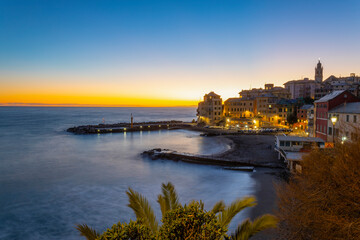 View of Bogliasco, Genoa province, at sunset, Italy.