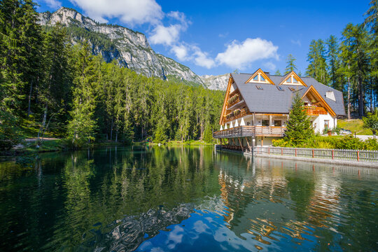 BADIA, ITALY, SEPTEMBER 2, 2021 - View of Sompunt lake in Badia, Bolzano province, Italy.
