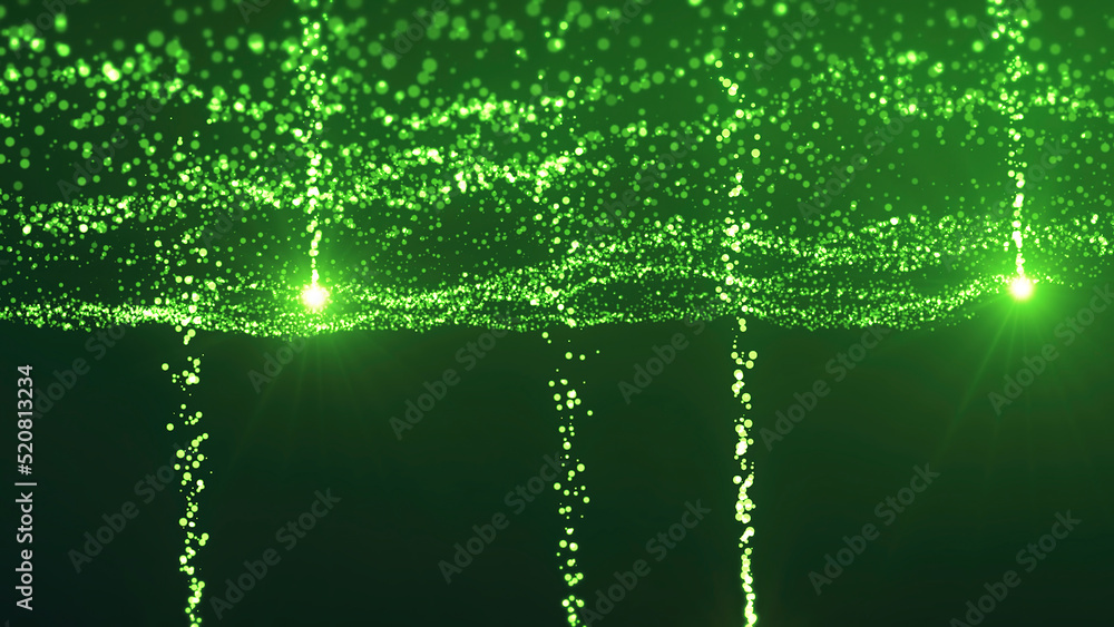 Poster green stream with luminous particles. motion. magical green stream of glowing particles. magical flo