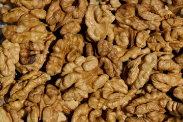 Background of many nuts from crushed walnut kernels, Sofia, Bulgaria 