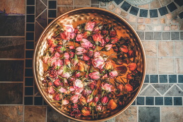 Rose flower in a brass bowl. Spa and aromatherapy.