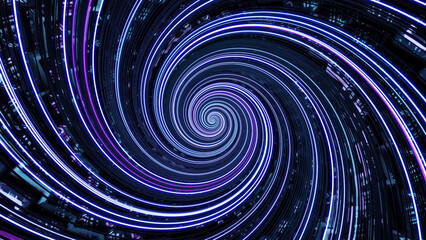 Rotating hypnotic spiral with bright stripes. Design. Beautiful rotating spiral with hypnotic effect. Bright neon lines in futuristic style twist into spiral