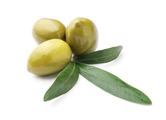 Tasty canned green olives isolated on white