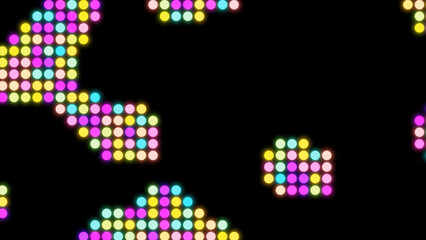 Colorful dots moving in spots on black background. Design. Moving spots of multicolored dots on black surface. Colorful dots move in spots in retro style