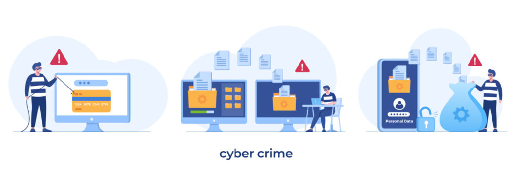 Cyber Crime, Hacker Attack Concept. Hackers Stealing Personal Data. Internet Security with Tiny Character Insert Password on Website, Bulgar Steal. Cartoon People Vector Illustration