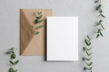 Invitation empty card mockup with envelope and nature plant decorations