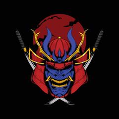 Samurai Head Helmet Gold Skin With Oni Blood Red Skin Mask Premium Quality Stock Vector.Mask Designs for T-shirts, Tattoos, Stickers, Gaming Logos or Posters
