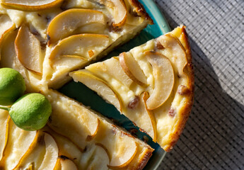 Casserole pie of cottage cheese with raisins and pears