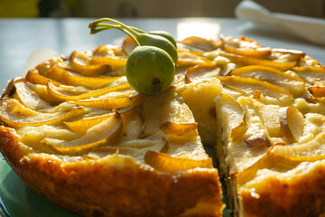 Casserole pie of cottage cheese with raisins and pears