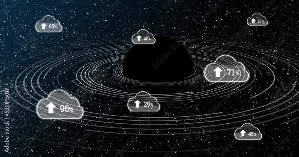 Poster animation of black planet and clouds with uploading in black space