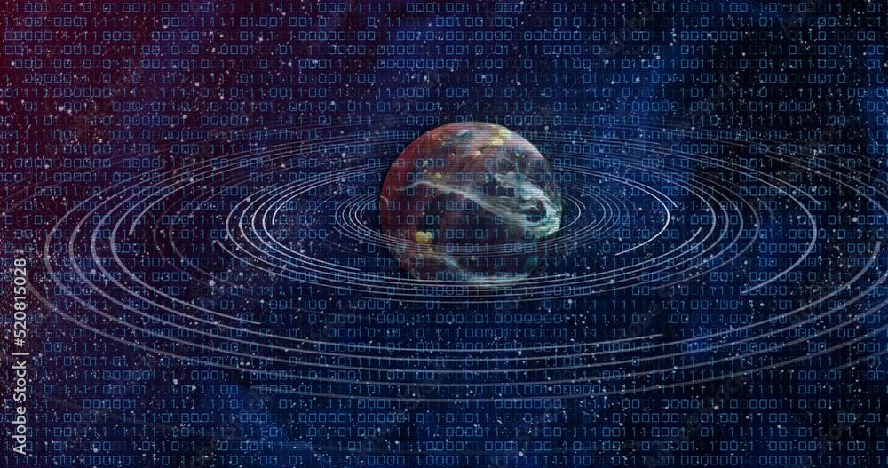 Poster animation of navy planet in black space with binary code