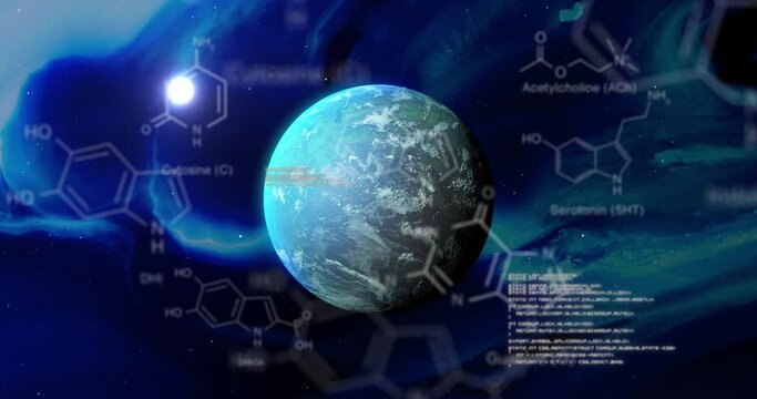 Animation of chemical formulas over blue planet over night sky with moon
