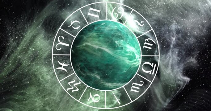 Animation of green planet and zodiac in black space with smoke