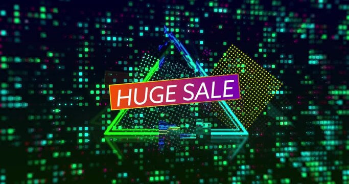 Animation of huge sale over triangle and black background with dots