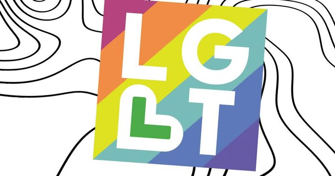 Animation of lgbt over colorful square and white background with waves