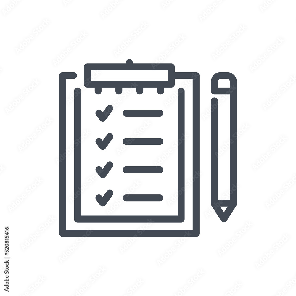 Poster clipboard with check mark list and pencil line icon. quality control report and exam list vector out