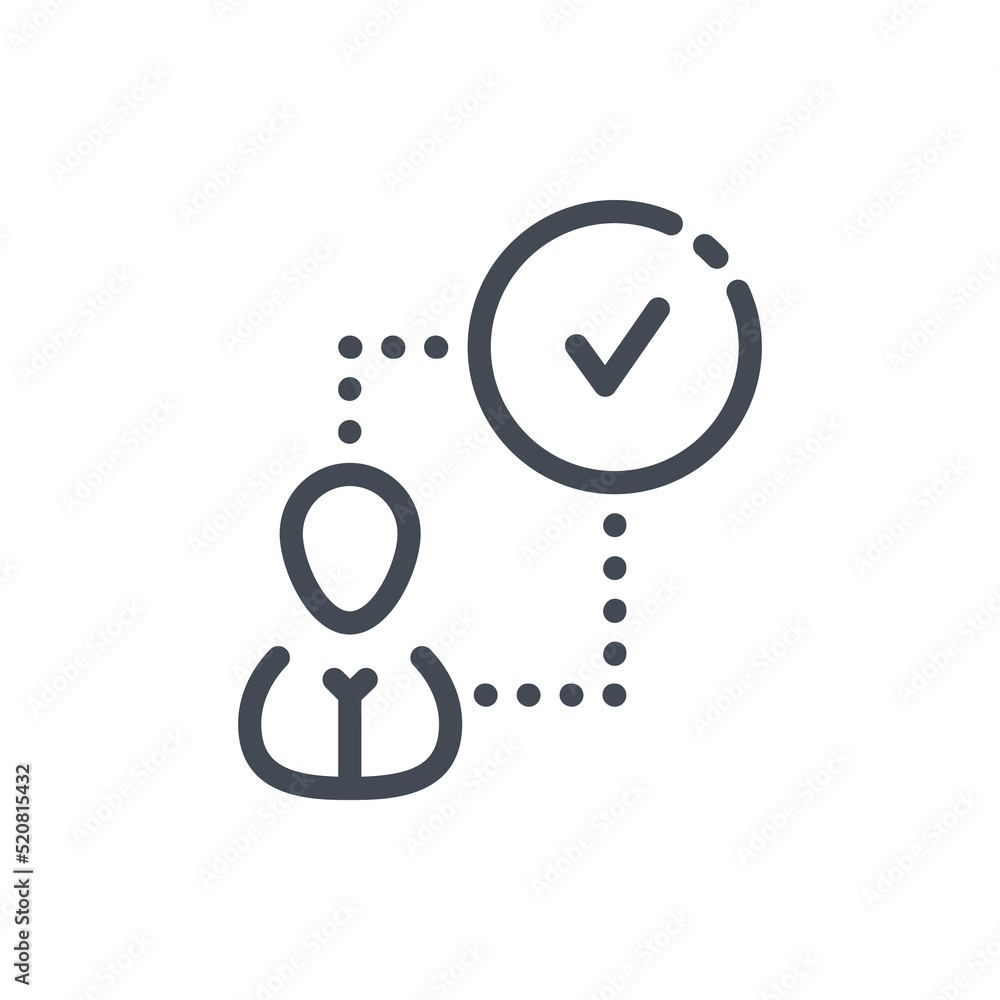 Poster person with connection to circle with check mark line icon. successful completion of the task and po