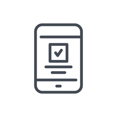 Mobile phone with online confirmation and approval line icon. Smartphone with check box and tick vector outline sign.
