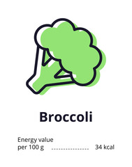 Healthy vegetarian product icon. A tasty broccoli icon. Energy value of broccoli. Illustration on white background.