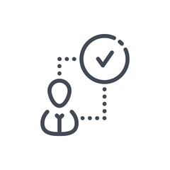 Person with connection to circle with check mark line icon. Successful completion of the task and Positive experience vector outline sign.