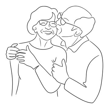recommend clip art: Happy grandmother and grandfather. Old man hugging and kissing smiling aged wife in a cheek. Elderly people couple