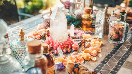 beautiful altar with crystals and rose flowers.