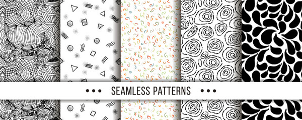 Set of seamless patterns with hand-drawn elements texture, abstraction illustration of black silhouette on white background