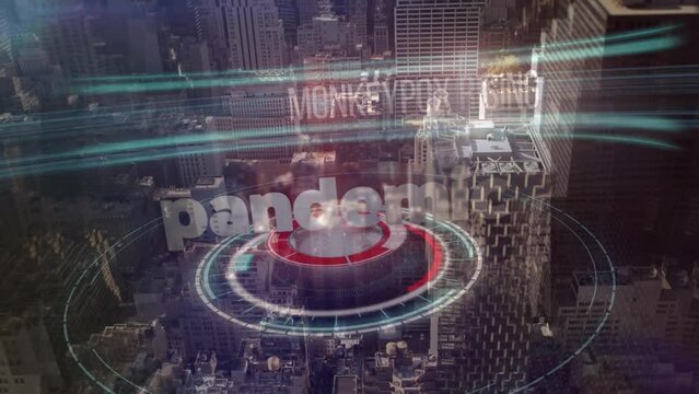 Animation of monkey pox and pandemic over cityscape