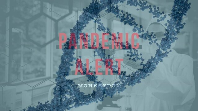 Animation of pandemic alert over dna and lab worker