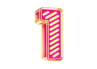 Vibrant neon lights font in pink and golden yellow color combination. Digit number 1 in high definition 3D rendering.