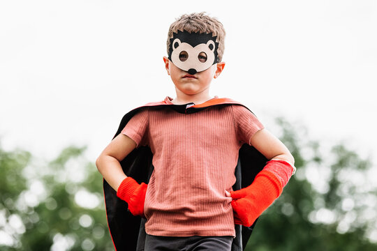 Superhero in hedgehog mask in park