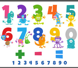 educational numbers set with fantasy monster characters