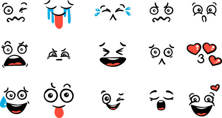 Various Cartoon Emoticons Set. Doodle faces, eyes and mouth. Caricature comic expressive emotions, smiling, crying and surprised character face expressions