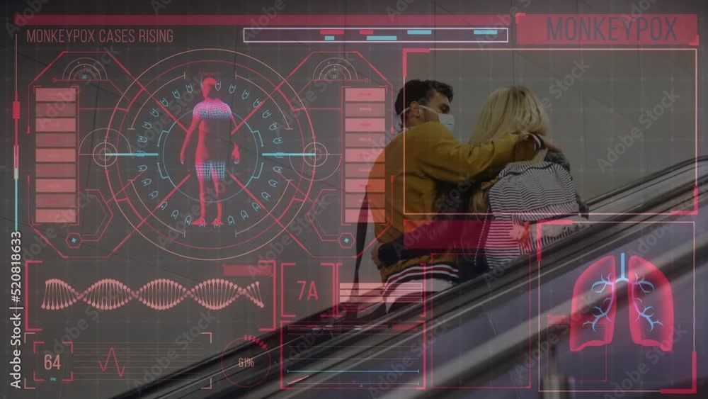 Poster animation of monkey pox over digital screen with data and caucasian couple