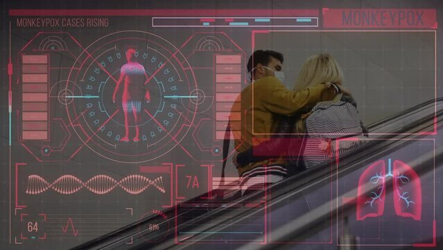 Animation of monkey pox over digital screen with data and caucasian couple