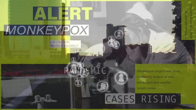 Animation of monkey pox alert over cityscape and caucasian female lab worker