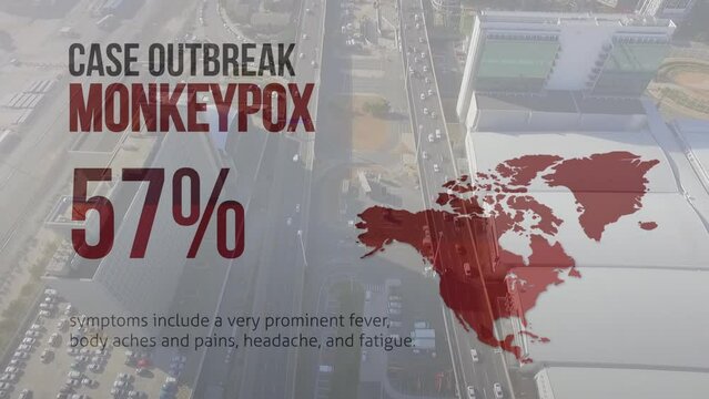 Animation of monkey pox 57 percent over world map and cityscape
